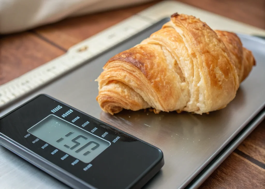 Croissant on a scale showing its calorie count.