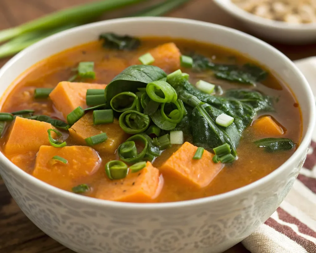 Soup with sweet potato leaves and green onions.