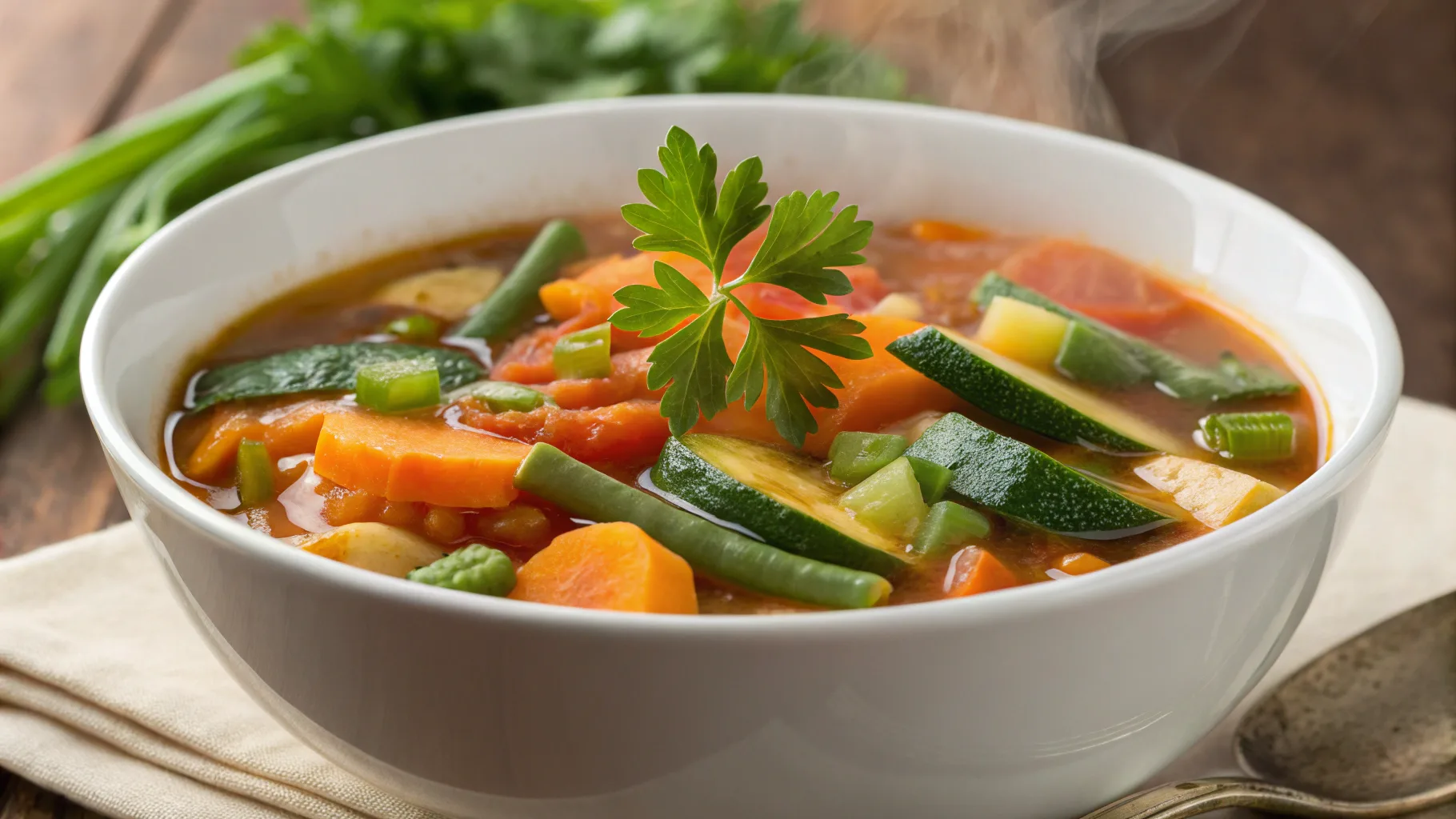 Hearty bowl of village soup with fresh vegetables.