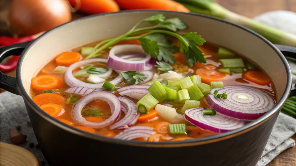 A close-up of freshly chopped vegetables (onions, carrots, celery) being added to a pot of village soup.