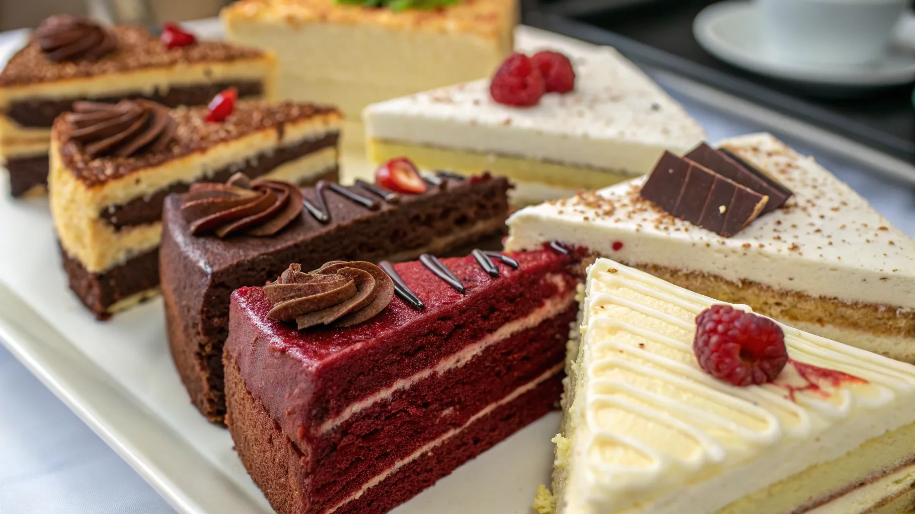 Various cake flavors including chocolate, vanilla, and red velvet.