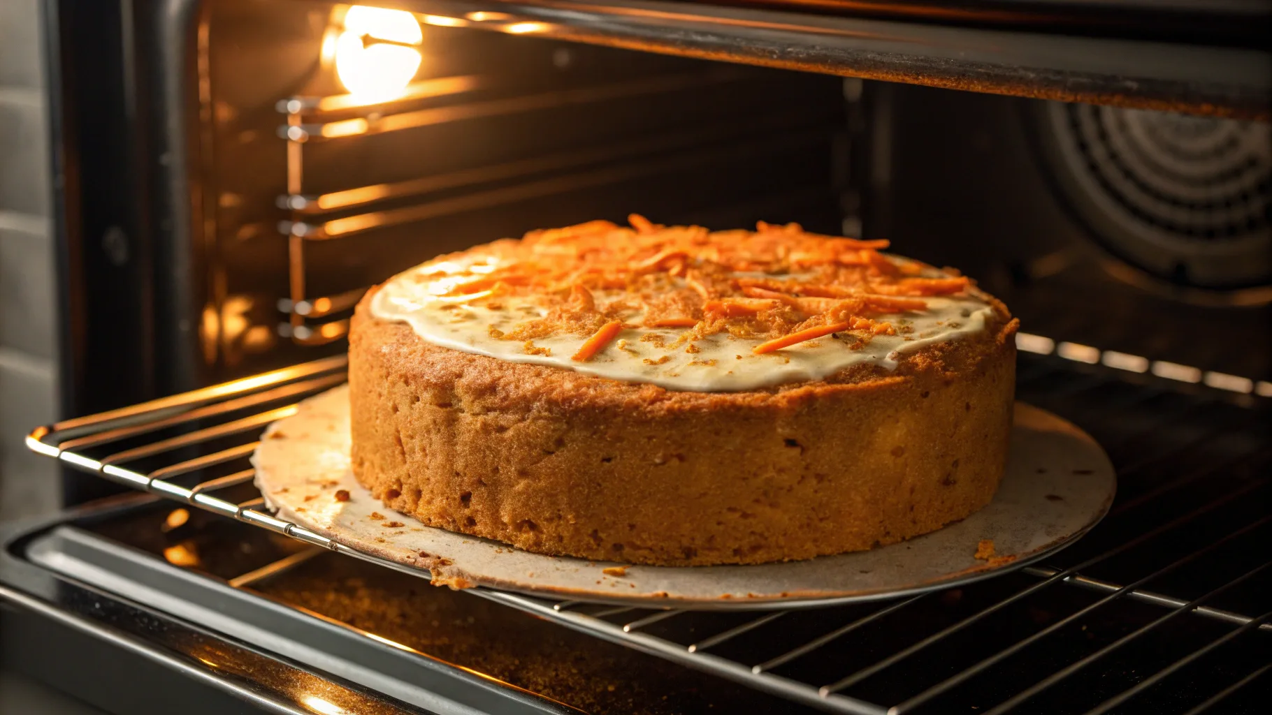 A close-up shot of a golden-brown carrot cake inside an oven, with a thermometer reading 350°F on the side. Captured with a Samsung Galaxy S24 Ultra, high-resolution and well-lit to showcase texture and color.