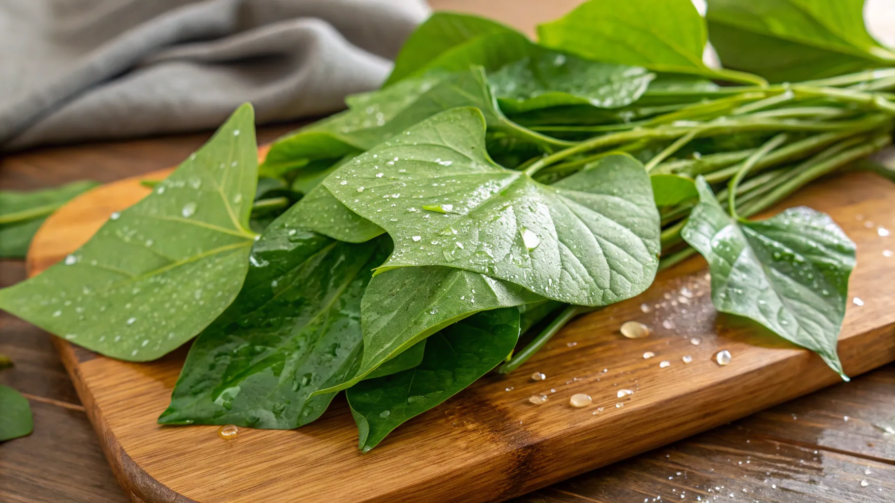 Fresh sweet potato leaves on a wooden cutting board.