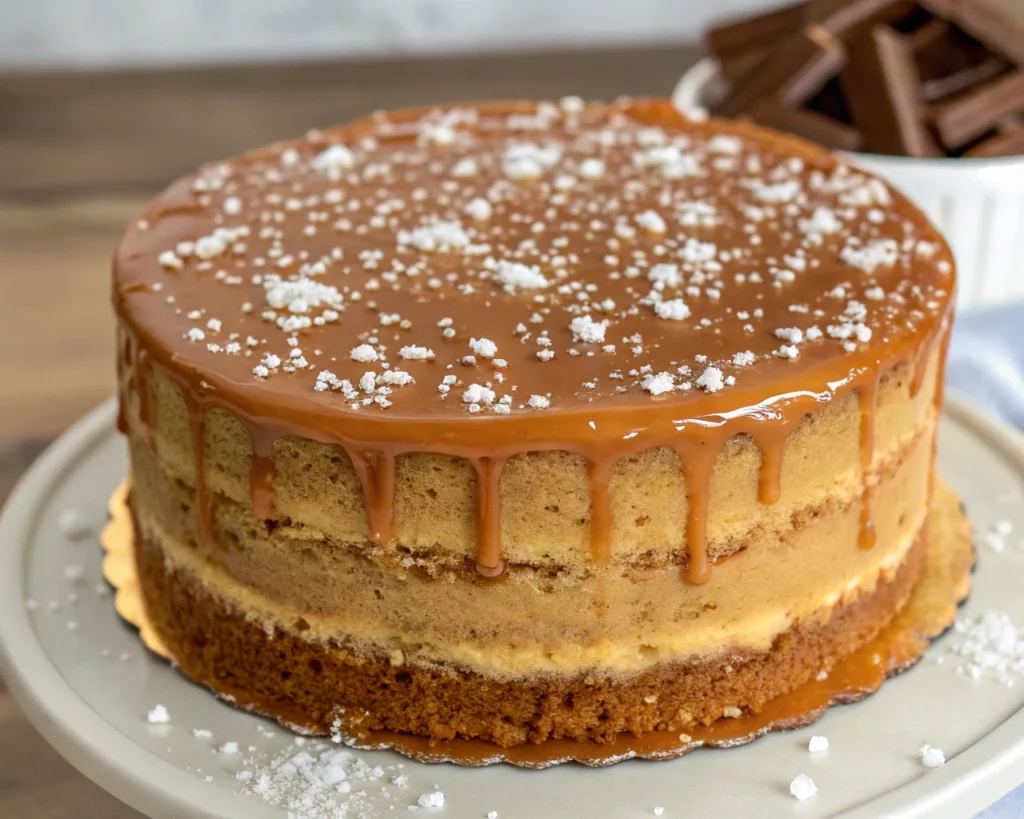 Salted caramel cake topped with caramel drizzle.
