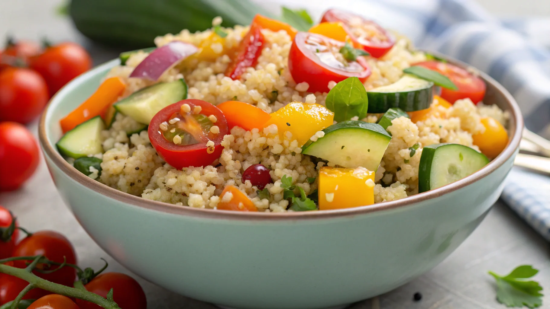 Costco quinoa salad with fresh veggies and chickpeas.