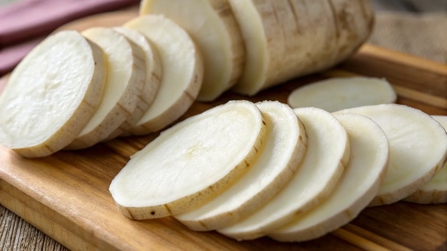 White sweet potato slices on a wooden board.