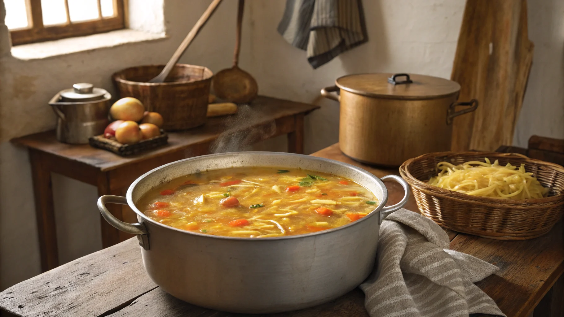 Village soup simmering on a stovetop.